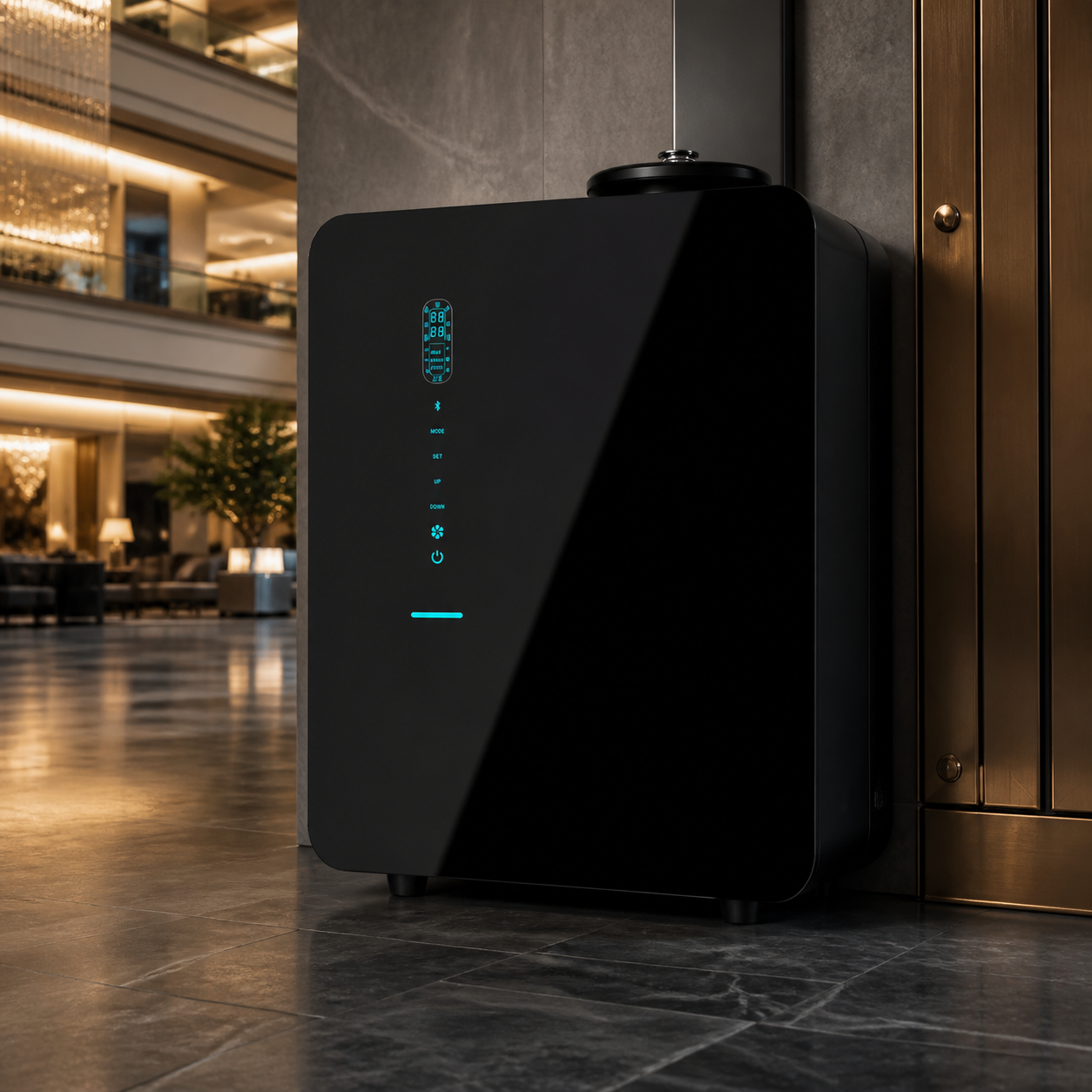 LI01 glossy HVAC scent machine installed in a premium large commercial lobby