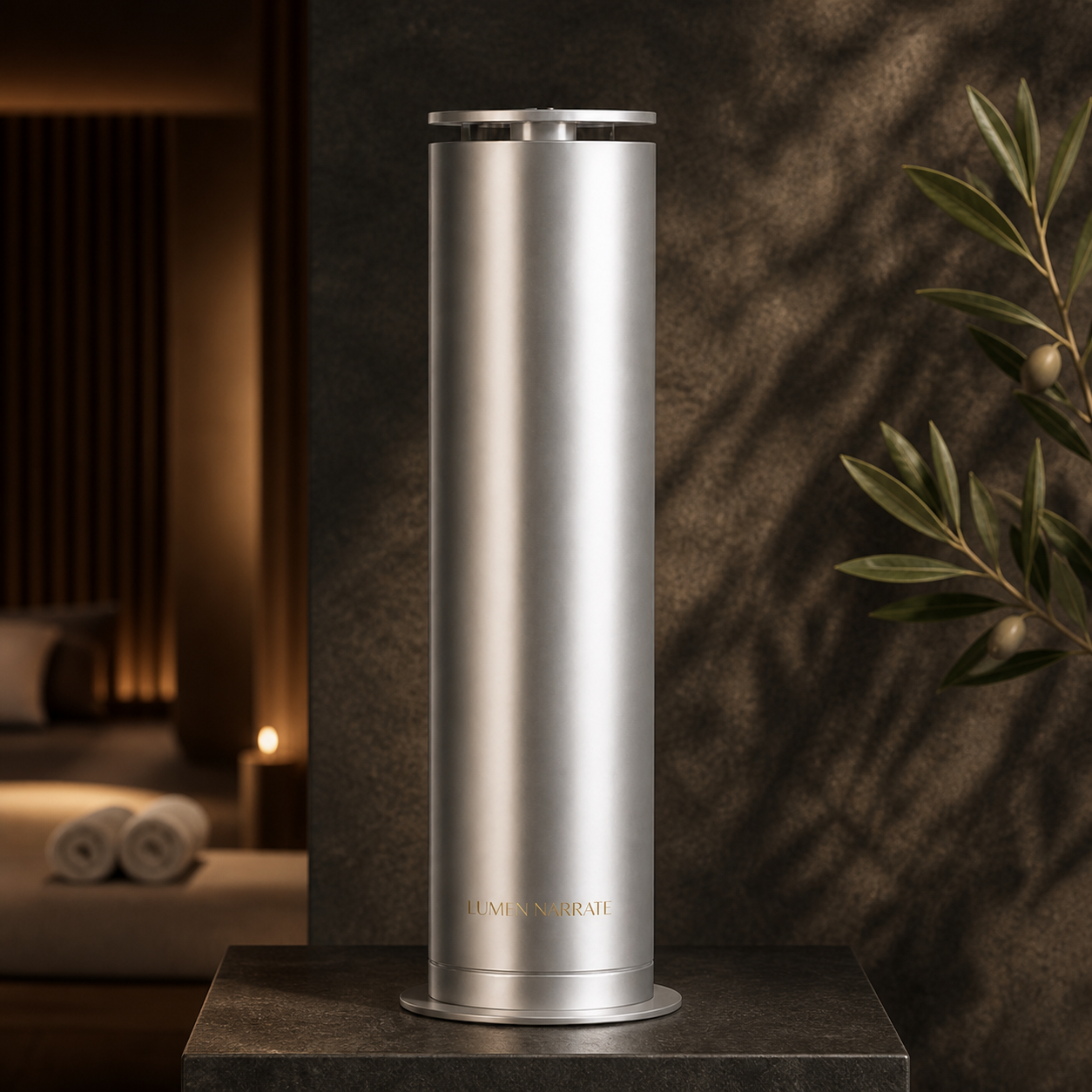 RA01 silver scent machine with a gold LUMEN NARRATE logo in a luxury spa